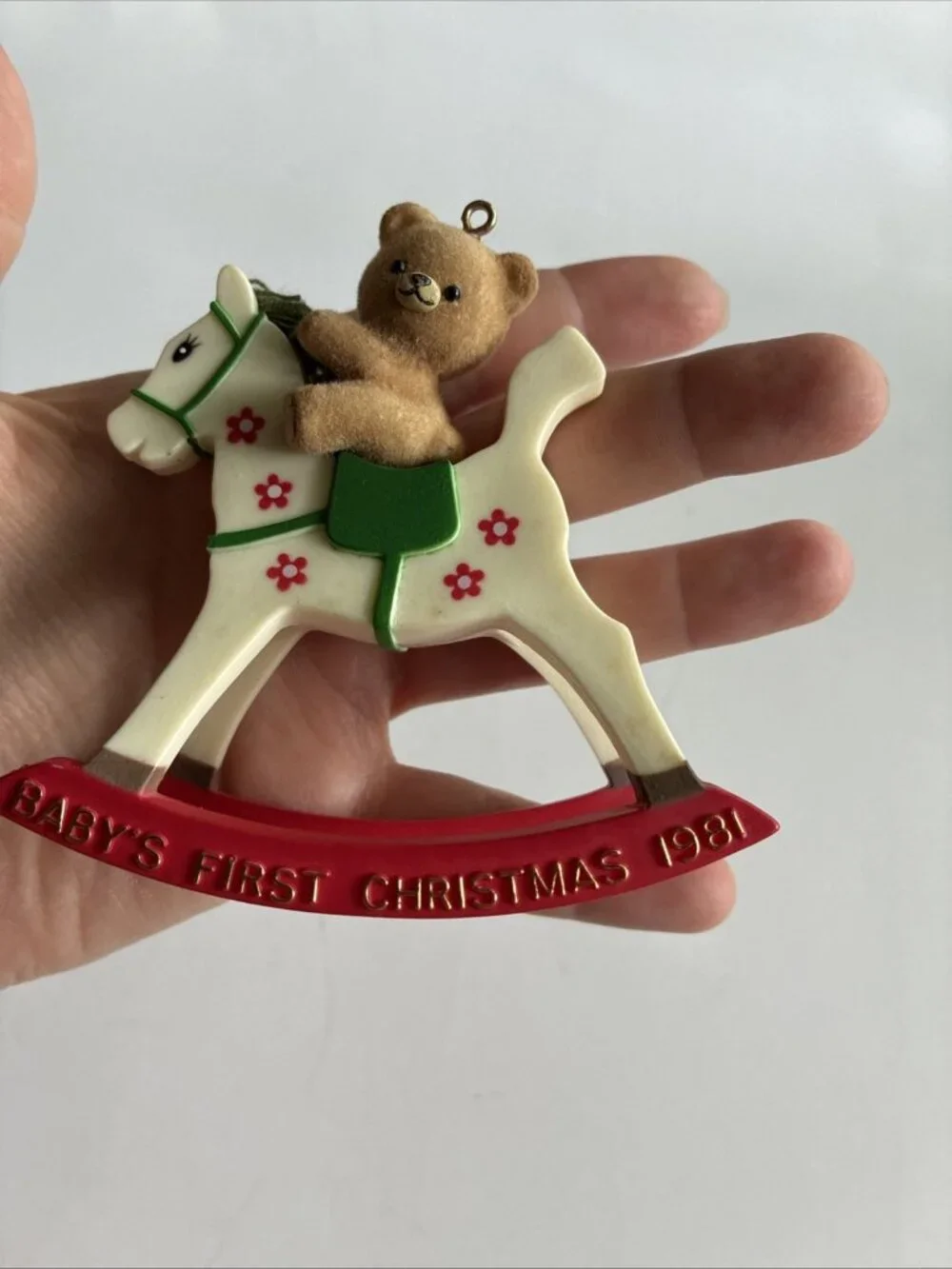 Vintage 1981 Babys First Christmas Teddy Bear Rocking Horse Ornament Flocked